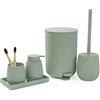 GAHEFY Set di accessori da bagno, set di accessori da bagno verde salvia con bidone, porta spazzolino da denti, dispenser di sapone, vassoio da bagno, scopino e supporto (5 pezzi)
