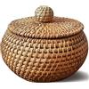 Kronabelle Piccolo cestino rotondo in vimini con coperchio, realizzato a mano in rattan, misura 14 cm x 14 cm x 8 cm, ideale per riporre snack e bigiotteria da scrivania