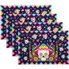 Pwsap Set di 4 Tovagliette di Giorno dei Morti, Teschio Halloween Tovagliette, Stagionale Lavabile Lino Tovagliette Americane Día de Los Muertos Decorazione per Tavolo Cucina Domestica Partito, 45 x 30cm