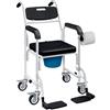 HOMCOM Sedia a Rotelle con WC Impermeabile 4 in 1 per Disabili Nero | Sedia Comoda WC per Anziani, Ruote a Freno, Carrozzina da Doccia Bagno, Poggiapiedi Pieghevoli, Porta Rotolo, Braccioli