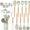Kawaology Utensili da cucina in silicone 22 pezzi, set di utensili da cucina per pentole antiaderenti, al calore e antiaderenti con manico in legno per utensili senza BPA