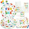 Heboland 100Pcs Decorazioni Compleanno 1 Anno Piatti Colorati per 25 Ospiti - Decorazioni Stoviglie Compleanno 1 Anno Piatti di Carta Colorati Tazze e Tovaglioli per Ragazzi e Ragazze