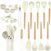 Kawaology Utensili da cucina in silicone 22 pezzi, set di utensili da cucina per pentole antiaderenti, al calore e antiaderenti con manico in legno per utensili senza BPA