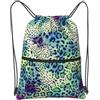 SMAZDFXX Zaino con coulisse e cerniera, stampa leopardata verde, sacco da palestra sportivo con tasca portaoggetti per palestra, yoga, viaggi