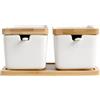 Generisch Set di 2 scatole per sale, mini saliera con coperchio in legno, portaspezie in ceramica portatili con cucchiai e vassoio in legno, contenitore compatto per sale e spezie, salvaspazio, per cucina e in