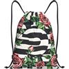 SMAZDFXX Zaino con coulisse, strisce bianche e nere, fiori di rosa rossa, borsa con coulisse, zaino pieghevole, borsa sportiva da palestra per lo shopping e lo yoga