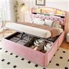 Ktipm Letto 140x200 cm Imbottito con USB, LED e Testata Contenitore | Letto Matrimoniale con Contenitore Idraulici e Doghe Metallici, Struttura Letti Matrimoniali, Velluto, Senza Materasso, Rosa