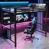 Autheria Letto a castello da gaming in metallo 140x200cm con striscia LED .Letto a soppalco con stazione di ricarica USB e scrivania,letto matrimoniale nero(Senza Materasso)