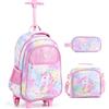 COSTWAY Set di 3 Zaini con Ruote per Bambini 3+ Anni (Modello 3) | 3 in 1 Zaino Trolley da Scuola con Borsa per Pranzo e Astuccio per Matite, Maniglia Retrattile e Portabicchieri Laterale