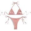 THSCWY Bikini metallico da donna, con allacciatura al collo, due pezzi, con laccetti laterali, bikini a triangolo con imbottitura color champagne
