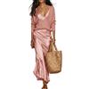 Generico Completo donna 2 pezzi: top in maglia a maniche lunghe con scollo a V profondo e gonna sottoveste in raso - Outfit coordinato casual-chic ed elegante (Pink,M)