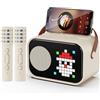JYX Karaoke con 2 Microfono, Altoparlante Pixel Fun Schermo, Casse Portatili Professionale per Accompagnamento Audio Adulti Bambini, Cassa Bluetooth 5.3 per Feste e Viaggi, Beige