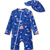 JiAmy Costume da Bagno per Bambino con Protezione Rash, Costume da Bagno a Manica Lunga in Un Pezzo, Costume da Bagno per Neonati e Bambini con Cappellino da Sole, 3M-3T, Blu navy, 6-9 Mesi
