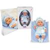 Teorema Giocattoli, Bambola in Vinile, +12 Mesi, Vestito blu con Fiori, Corpo Morbido con Cuscino, Giocattolo per bambine e bambini, kit completo, con accessori Colore blu