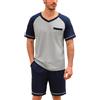 Irdcomps Pigiama Uomo Estivo Pigiami da Uomo Estivi Cotone Pigiama Set Corto Casual Pigiami Due Pezzi Pigiama Set da Notte Casa Manica Corta con Scollo a V Pantaloncini con Tasche Blu Navy M