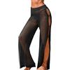 EBANKU Pantaloni copricostume da spiaggia all'uncinetto da donna, a vita alta, traforati, gamba larga con spacchi laterali, copertura trasparente per costume da bagno, Nero , M/L