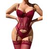 ssyyx, Set di lingerie sexy da donna con reggicalze in pizzo, body e calze, X-Large