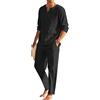 Geagodelia Set da uomo 2 pezzi in cotone lino camicia Henley scollo a V a maniche lunghe pantaloni leggeri per quattro stagioni pigiama estivo tinta unita, Nero , L