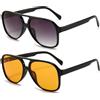RUNHUIS Occhiali da sole vintage da uomo polarizzati donna retrò ovali 70 oversize classici occhiali da sole pilota protezione UV400, Nero/Grigio+Nero/Giallo, M-L