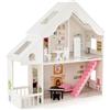 COSTWAY Casa delle Bambole in Legno per Bambini, Casetta delle Bambole con Stanze e Set di Mobili, 2 Grandi Lucernari e Carta da Parati, Regalo per Bambini 3+ Anni