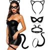 YenMzx Costume da Catwoman da donna, set di 4 pezzi per Halloween, con maschera da gatto nera con paillettes, fascia con orecchie di gatto, coda di gatto, collana con campana, accessori per cosplay