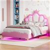 AYIYILA Letto da principessa, 140 x 190 cm, letto sospeso, con testiera a corona e illuminazione a LED, per cameretta delle ragazze, letto matrimoniale imbottito in poliuretano (rosa)