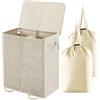 Lifewit Cesto Portabiancheria 2 Scomparti con Coperchio e Sacchi Rimovibili, Grande Cesto Panni Sporchi Pieghevole, Laundry Basket con Manici per Camera e Bagno, 136L, Beige