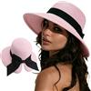 DRESHOW Cappelli da Sole per Donna Fedora da Viaggio Pieghevole da Spiaggia Cappello da Sole Sstivo a Tesa Larga in Paglia con Fiocco UPF 50+