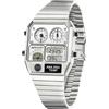 MASTOP Orologio analogico digitale retrò quadrato con display della temperatura, 3 fusi orari, retroilluminato, impermeabile fino a 50 m, sveglia, cronometro, settimana/data, Argento, Orologio