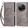 KENHONER Custodia per Xiaomi Redmi A3 Cover, Grigio Farfalla | Portafoglio in Pelle PU Retro, Antiurto Flip, Slot per Schede, Funzione Stand, Chiusura Magnetica