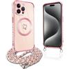 Pnakqil per Magnetica Cover per iPhone 15 Pro con Cordino, Compatibile con MagSafe, Ultra Sottile Cuore Silicone Custodia con Laccio Tracolla, Elettrolitico TPU Case con Collana per iPhone 15Pro, Rosa