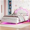 AYIYILA Letto da principessa, 140 x 190 cm, letto sospeso con testiera a corona e illuminazione a LED, per cameretta delle ragazze, bianco, imbottito in PU, letto matrimoniale 140 x 190 cm