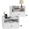 BonVache Set di 2 comodini da parete, prese e porte USB, colore: bianco | Comodino sospeso con Spazio Aperto e Cassetti, Stile Moderno, Per Soggiorno, Camera da Letto, 40×29×29cm