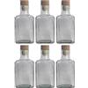 Flaschenland Set di 6 bottiglie di vetro da 250 ml, caraffa quadrata in vetro trasparente con manico in sughero in legno