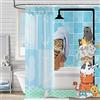Hnmdmyi Tenda da doccia Gatto divertente 165x180, carino bagnante Gatto Animale Del Fumetto gattino Bambini Tende da doccia cuffia per la doccia Blu Plaid Impermeabile Tessuto Tenda Da Bagno