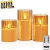 Rhytsing 3 Candele di Vetro a Led Oro con Timer in Design a Righe Verticali, Telecomando e Batterie Incluse per Natale — H 10 cm / 12,5 cm / 15 cm