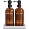 Brighter Barns - Set dispenser di sapone per mani e piatti, in vetro ambrato, con vassoio, per cucina, Airbnb, case vacanze o ristorante, decorazione moderna e accessori per la cucina (ambra)