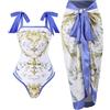 Cerdexon Costume da bagno intero da donna double face con copricostume da spiaggia con gonna da spiaggia Sarong due pezzi bikini set Beachwear, Fiore dorato su entrambi i lati, X-Large