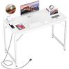 iSunirm Scrivania 82 cm con Prese USB e AC Integrate, Piccola Scrivania PC Salvaspazio per Gaming e Home Office, Tavolo Computer Nero Stabile con Piedini Regolabili per Camera e Studio Bianco