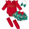 BemeUSWT My First Christmas Baby Girl Outfit 3 6 9 12 18 Mesi Santa Baby Pagliaccetto Plaid Increspature Tutu Gonna Pantaloncini Set Fascia Calza 4pcs Vestiti di Natale