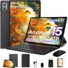 SUAAT Tablet 10 Pollici Android 15 Octa Core con 64GB ROM + 2TB TF | Gemini AI | 5G + 2.4G WiFi | FHD | GMS | 8MP + 5MP | Tipo C, Tablet Touch con custodia, Tastiera e Mouse - Nero