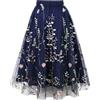 AXOE Donna Gonna Tulle Lunga Linea A Midi Elegante Elastico in Vita Alta Estiva Casual Ufficio Blu Navy e Ricamata Floreale, Taglia 40-44, S