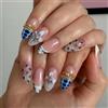 MouyouGlow Unghie Finte Corte MouyouGlow,Mandorla Blu Zebra French 3D Fiori Floral Diamant Oro Gold Twill Design Short Press on Nails,Blue Tips Flower Strass Sweet Fake Nails