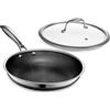 HexClad Padella Ibrida Antiaderente da 25 cm con Coperchio in Vetro Temperato, Manico che Rimane Freddo, Adatta per Lavastoviglie, Forno fino a 480°C e Induzione, Compatibile con Tutti i Piani di