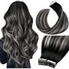 LaaVoo Extension Capelli Veri Biadesivo 40pz Nero con Silver Naturale Umani Lisci Remy Extension Biadesive Capelli Veri Invisibile Adesive 35cm 100g #1b/s/1b