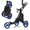 GYMAX Carrello da golf a 3 ruote, leggero e regolabile in altezza, con borsa portaoggetti, freno a pedale, portaombrelli e refrigeratore integrato, supporto pieghevole per sacca da golf (blu)