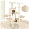 tectake® Albero Tiragraffi per Gatti con Colonne in Sisal, Tiragraffi Gatto con Cuccette e Comoda Casetta, Tiragraffi con Piattaforma Panoramica, Rivestimento in Morbido Peluche - Beige
