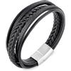 Philip Jones Bracciale da uomo in vera pelle nera con chiusura in acciaio