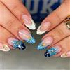 MouyouGlow Unghie Finte Corte MouyouGlow,Mandorla Blu Striped French 3D Fiori Floral Stella Oceano Design Short Press on Nails,Blue Tips Flower Sweet Fake Nails