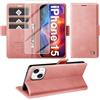 Giyer Cover per iPhone 15 Custodia con Vetro Temperato, Premium PU Portafoglio Slot per Scheda RFID Antifurto Funzione Supporto Flip Case, Antiurto per iPhone 15 5G Cover (Rosa)